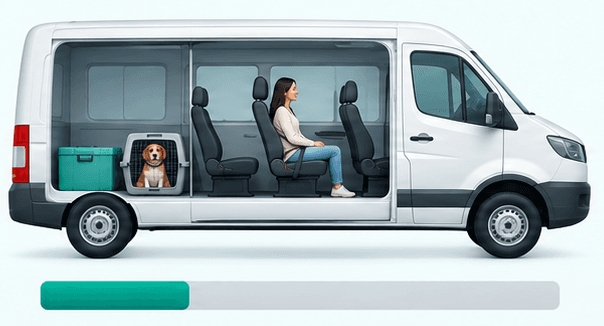Three stages of loading a passenger-and-cargo minibus: one client, two clients and several clients with a full load. — 1 client