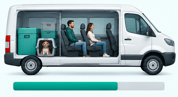 Three stages of loading a passenger-and-cargo minibus: one client, two clients and several clients with a full load. — 2 clients